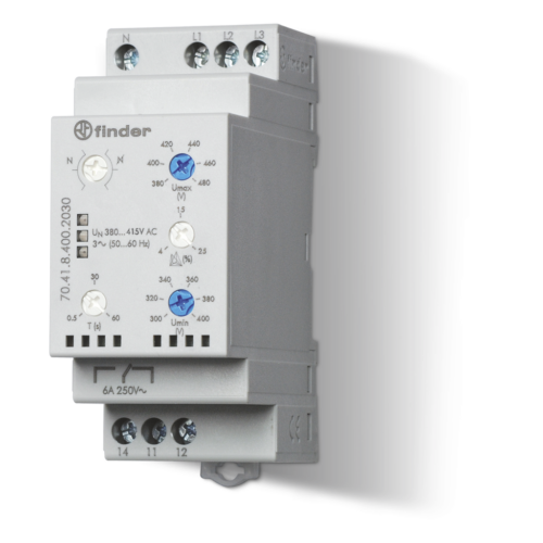 Finder PHASE LOSS-ROTATION-ASYMMETRY-OVER+UNDER VOLT RELAY 3PH3W/4W, 380-415VAC, SPDT