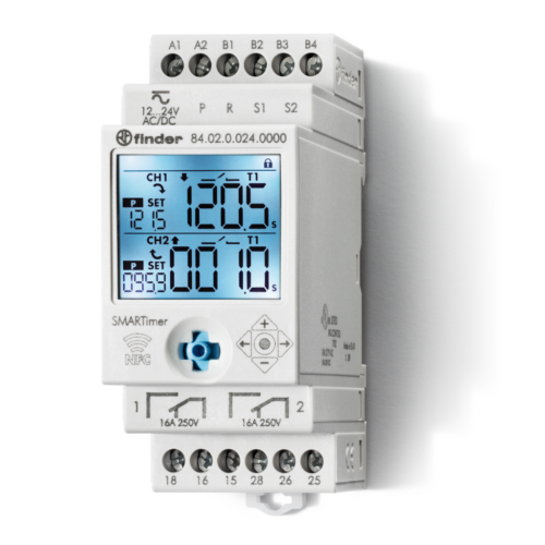 Finder Type 84.02 DIGITAL MULTIFUNCTION TIMER, NFC, 12-24VAC/DC. 2 INDEPENDENT CHANNELS